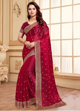 Jimmy Chu Contemporary Saree in Rani