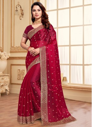 Jimmy Chu Contemporary Saree in Rani