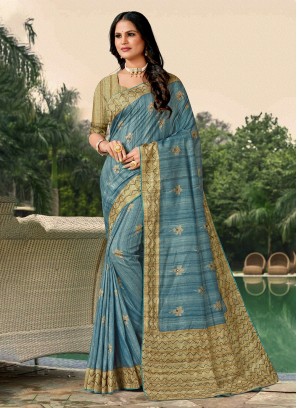 Katha Tussar Silk Contemporary Saree in Blue