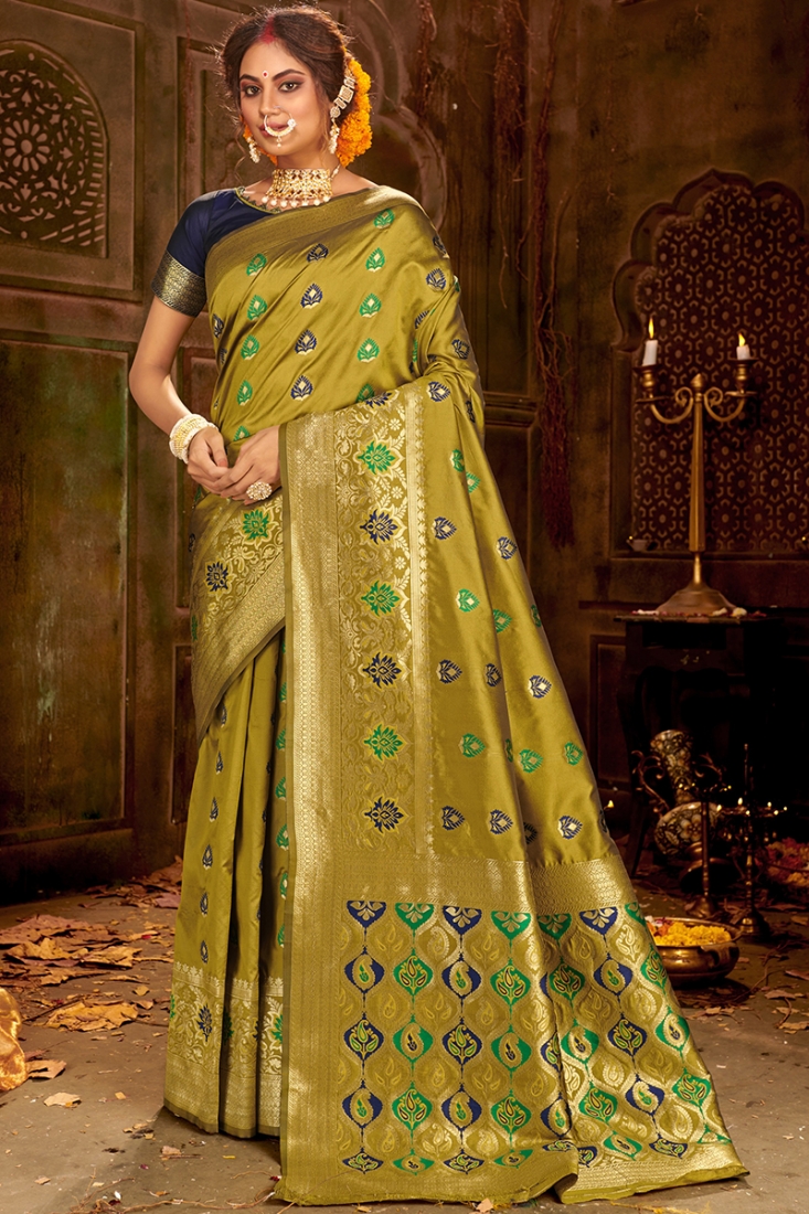 Green Color Foil Printed And Stone Work Dola Silk Saree - Cl