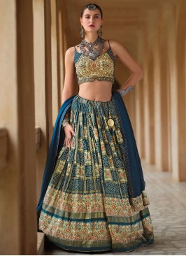 Latest Foil Print Navy Blue Silk Readymade Lehenga Choli