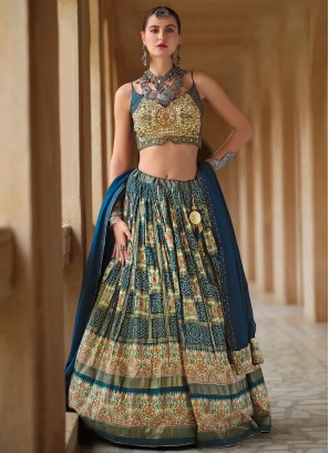 Latest Foil Print Navy Blue Silk Readymade Lehenga Choli