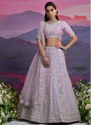 Lavender and Pink Georgette Stone Long Choli Lehenga