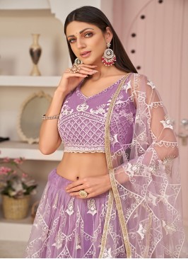 Lavender Colour Butterfly Net Embroidered Work Leh