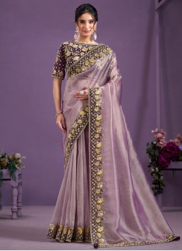 Lavender Embroidered Glass Tissue Designer Saree