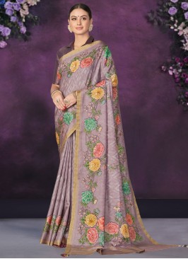 Lavender Floral Patterns Tussar Silk Traditional Saree