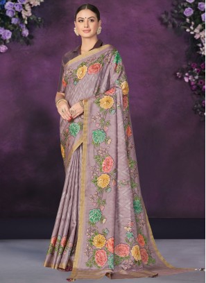 Lavender Floral Patterns Tussar Silk Traditional Saree