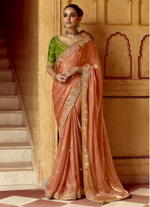 Lavish Embroidered Peach Fancy Fabric Contemporary Saree