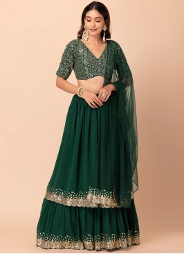 Layered Lehenga Choli Sequins Georgette in Green