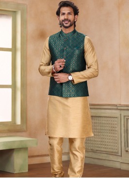 Green Jacquard Banarasi Silk 3-Piece Jacket Set wi