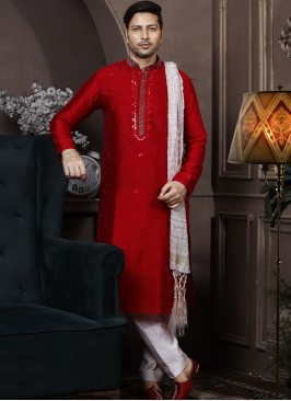 Red Silk Kurta Pajama with Off-White PolySilk Trouser.