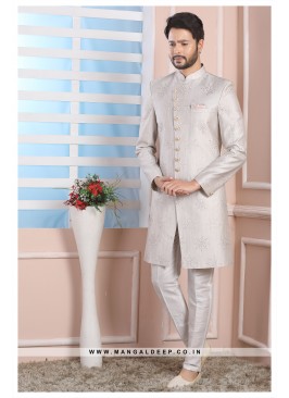 Light Grey Art Silk Wedding Wear Indo Western Sherwani