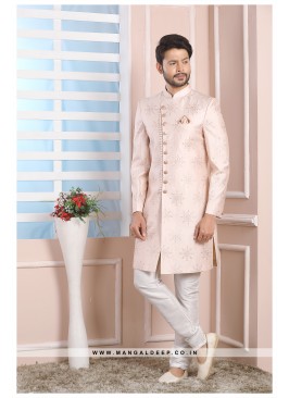 Light Pink Art Silk Wedding Wear Indo Western Sher