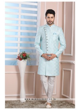 Sky Blue Art Silk Wedding Wear Indo Western Sherwani