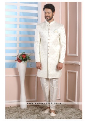 Cream Art Silk Wedding Wear Indo Western Sherwani