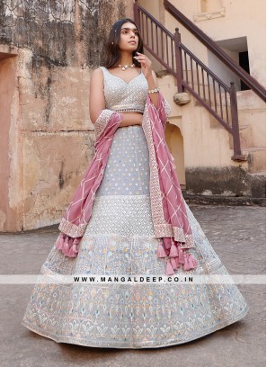 Light Grey Georgette Lehenga with Embroidery and Handwork and Silk Blouse