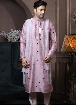 Light Pink Silk Kurta Pajama with Off-White PolySi