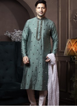 Light Mehndi Silk Kurta Pajama with Off-White PolySilk Trouser.