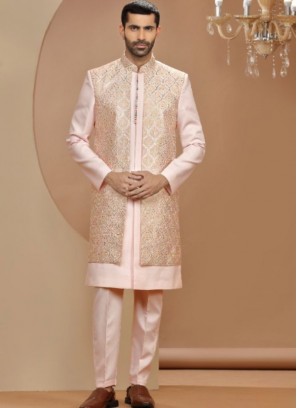 Light Pink Raw Silk Embroidery Indowestern Suit