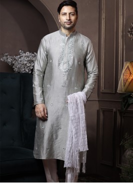 Light Pista Silk Kurta Pajama with Off-White PolyS