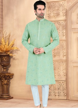 Pista and Off-White Cotton Kurta Pajama Set with Embriodered and Sequence Work.