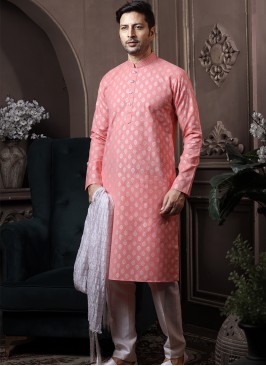 Light Peach Silk Kurta Pajama with Off-White ArtSi