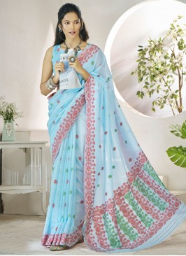 Linen Aari Blue Contemporary Saree