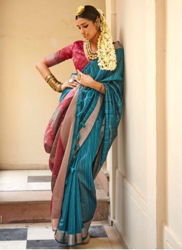 Linen Classic Saree in Firozi