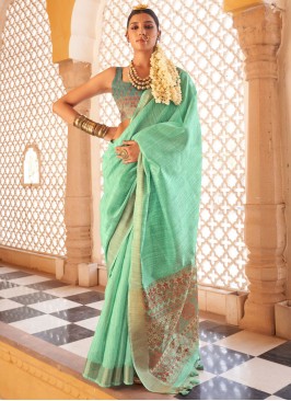 Linen Sea Green Contemporary Saree