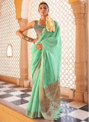 Linen Sea Green Contemporary Saree