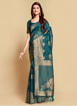 Linen Woven Blue and Teal Saree