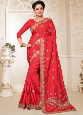 Lively Red Embroidered Art Silk Designer Tradition
