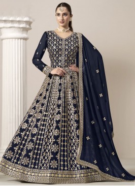 Long Length Salwar Kameez Embroidered Faux Georgette in Navy Blue