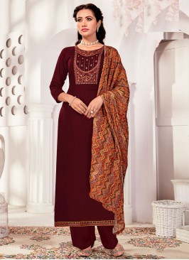 Long Length Salwar Suit Embroidered Rayon in Maroo