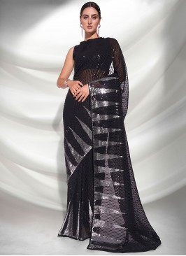 Lovable Black Embroidered Georgette Trendy Saree