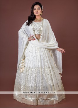 Lovely White Sequins & Embroidered Georgette Lehen