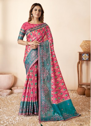 Lovely Blue and Pink Festival Trendy Saree