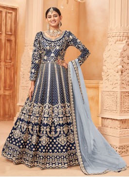 Lovely Blue Embroidered Art Silk Ankle Lenth Salwa