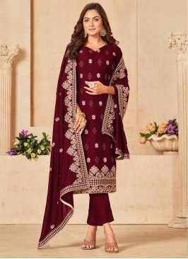 Lovely Maroon Embroidered Blooming Vichitra Festiv