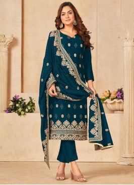 Lovely Blue Embroidered Blooming Vichitra Festive 