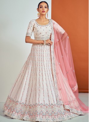 Lovely White Georgette Lehenga Choli with Sequence and Thread Work.