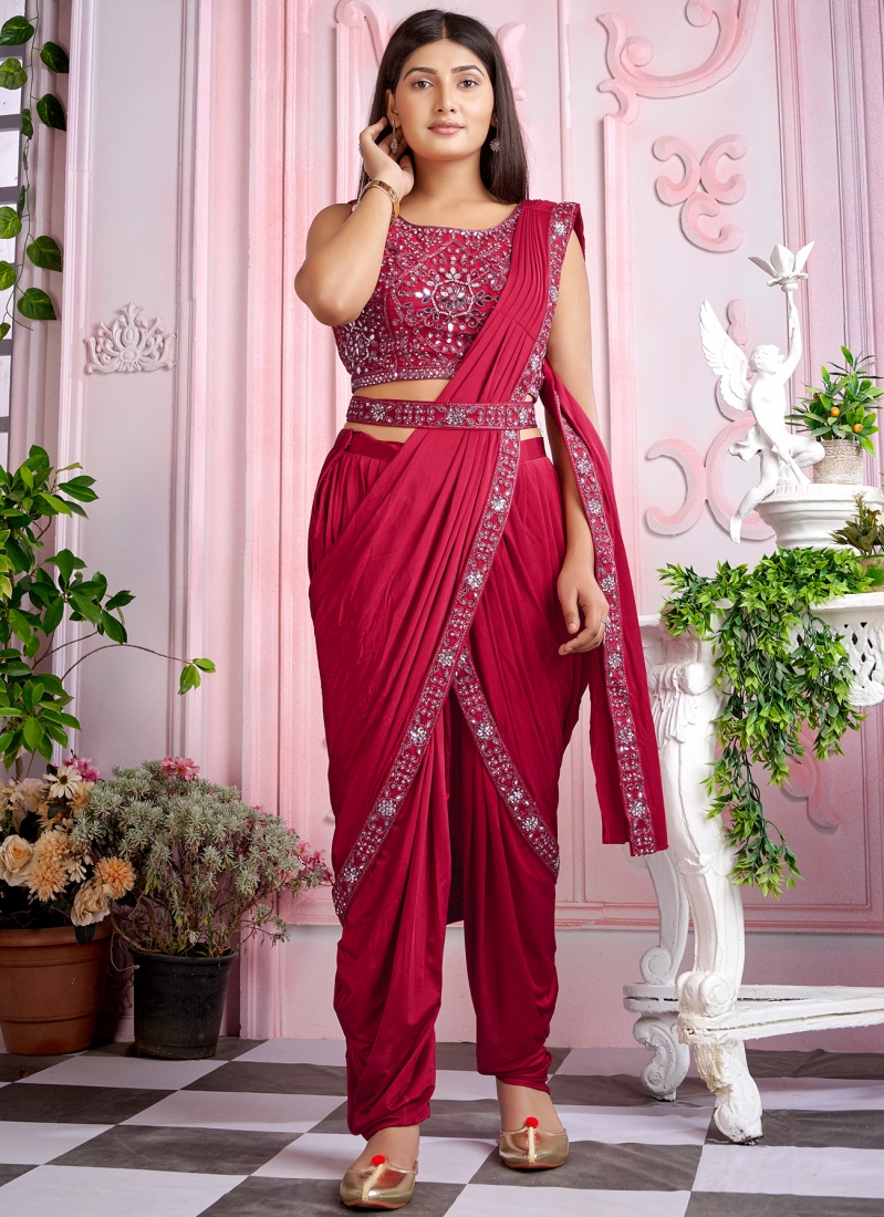 Crush chinon half and half saree with heavy multi sequins work blouse with  waist belt