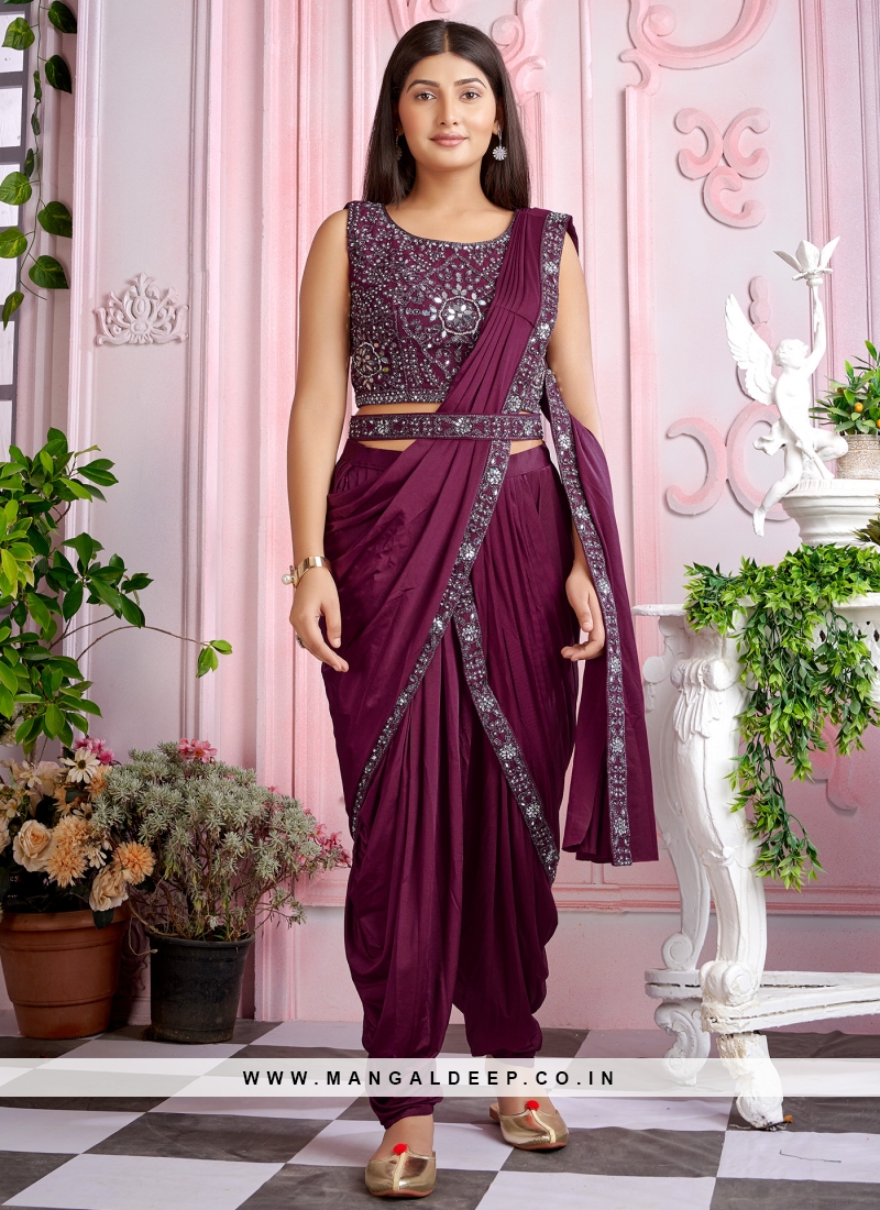 Lovely Purple mirror worked Imported Lycra Party Wear Ready To Wear Saree