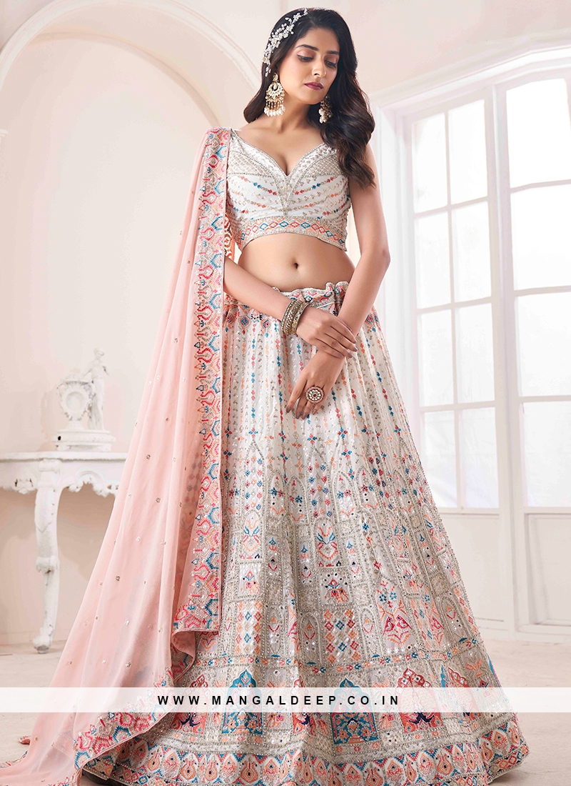 Thread Work Off White Lehenga Choli Chunri Lengha Indian Sari Ghagra Skirt  Top | eBay