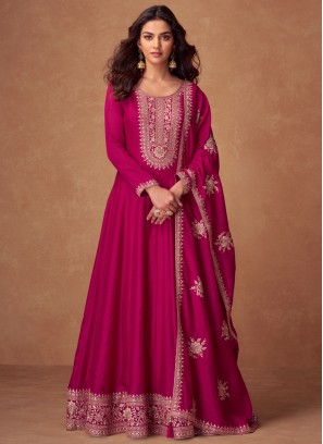 Magenta and Rani Silk Floor Length Gown