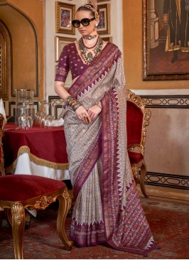 Magnetic Print Silk Grey Designer Saree