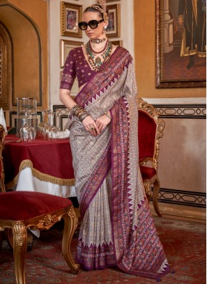 Magnetic Print Silk Grey Designer Saree