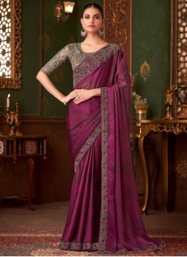 Magnetize Rani and Wine Embroidered Designer Saree