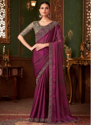 Magnetize Rani and Wine Embroidered Designer Saree