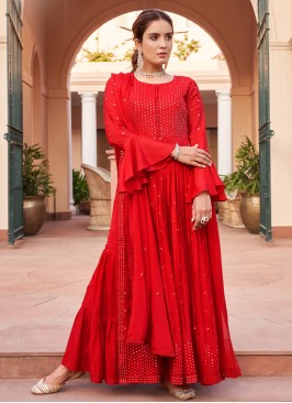 Magnificent Chinon Embroidered Red Long Length Sal